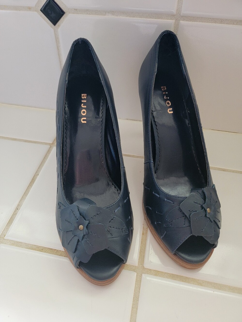 Bijou Navy Peep-Toe Floral Faux Leather Pumps